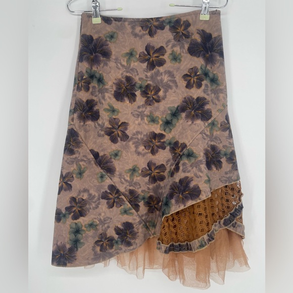 Vintage Dresses & Skirts - Y2K Floral Asymmetrical Skirt Crochet Layered Mesh Peekaboo Hem Fairy Grunge